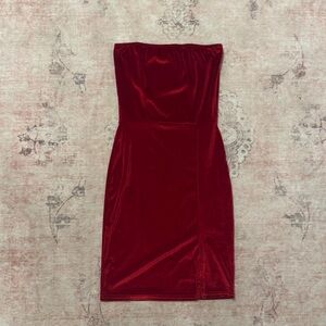 PLT Red Velvet Mini Dress Strapless with Small Slit